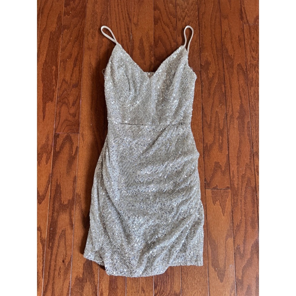 Crystal Sky Women Gold Sequin V-Neck Mini Dress Ruched Cocktail Party Sz S‎
